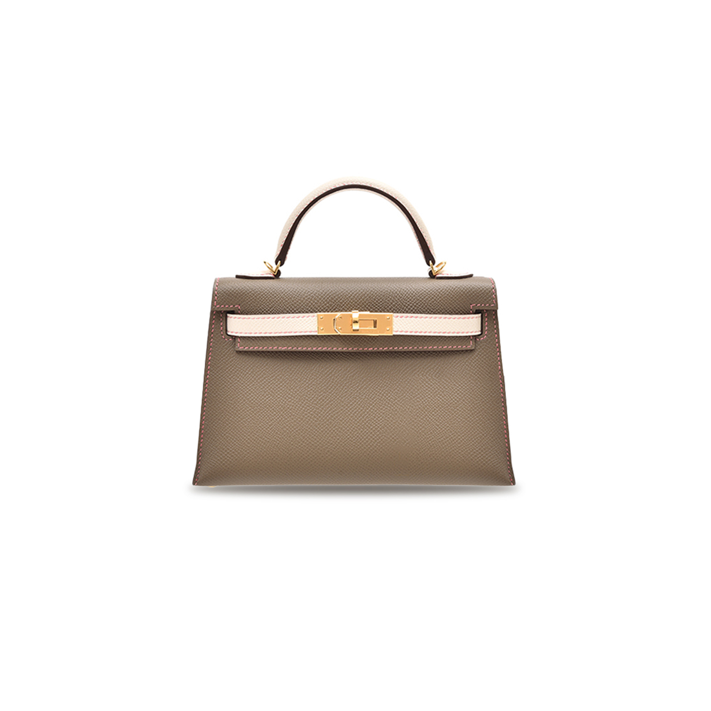 HERMÈS MASTER MINI KELLY II EPSOM ELEPHANT GRAY AND MILKSHAKE WHITE GOLD BUCKLE (19*12*5.5cm) 